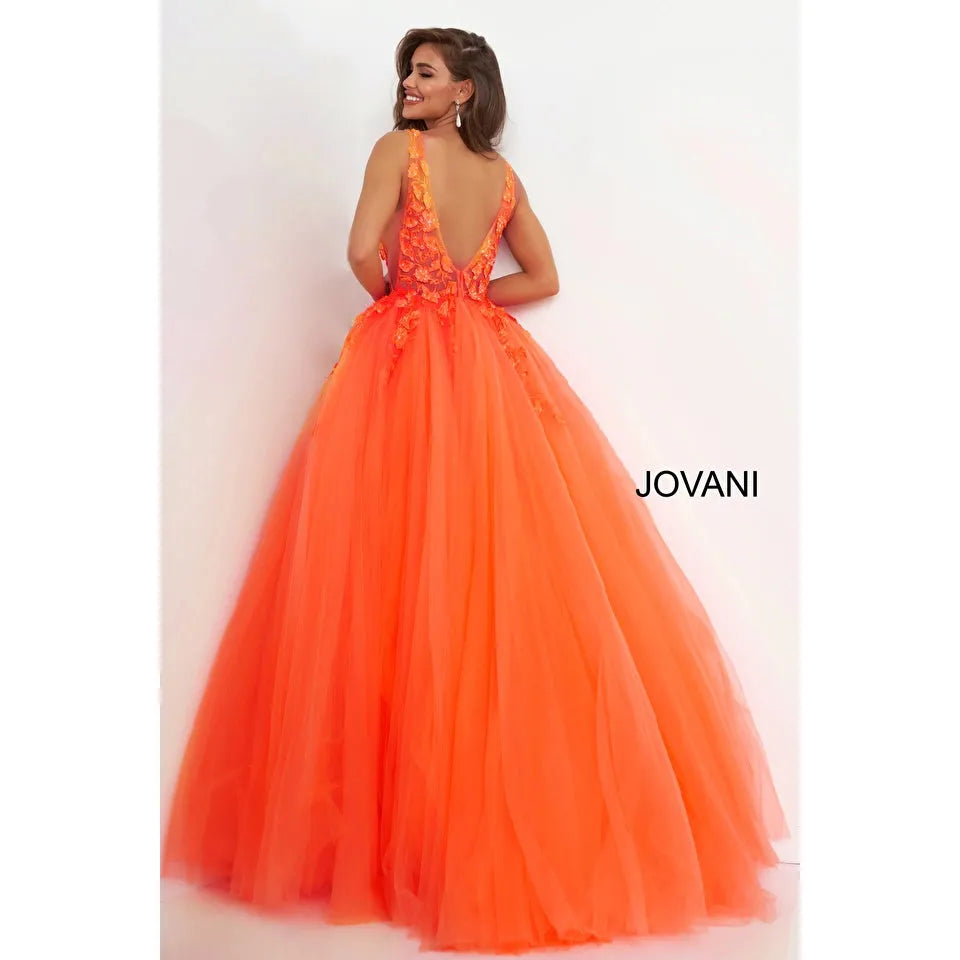 Jovani 02840 Orange Floral Appliques Prom Ballgown
