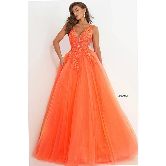 Jovani 02840 Orange Floral Appliques Prom Ballgown