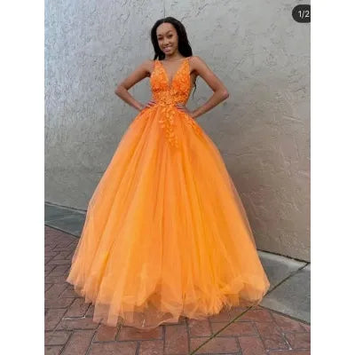 Jovani 02840 Orange Floral Appliques Prom Ballgown