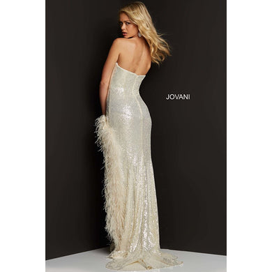 cream prom dress Jovani 07068 Cream High Feather Slit Strapless Prom Dress – Elnoras Dresses