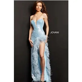 Jovani 07068 Cream High Feather Slit Strapless Prom Dress  Elnoras Dresses