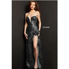 Jovani 07068 Cream High Feather Slit Strapless Prom Dress